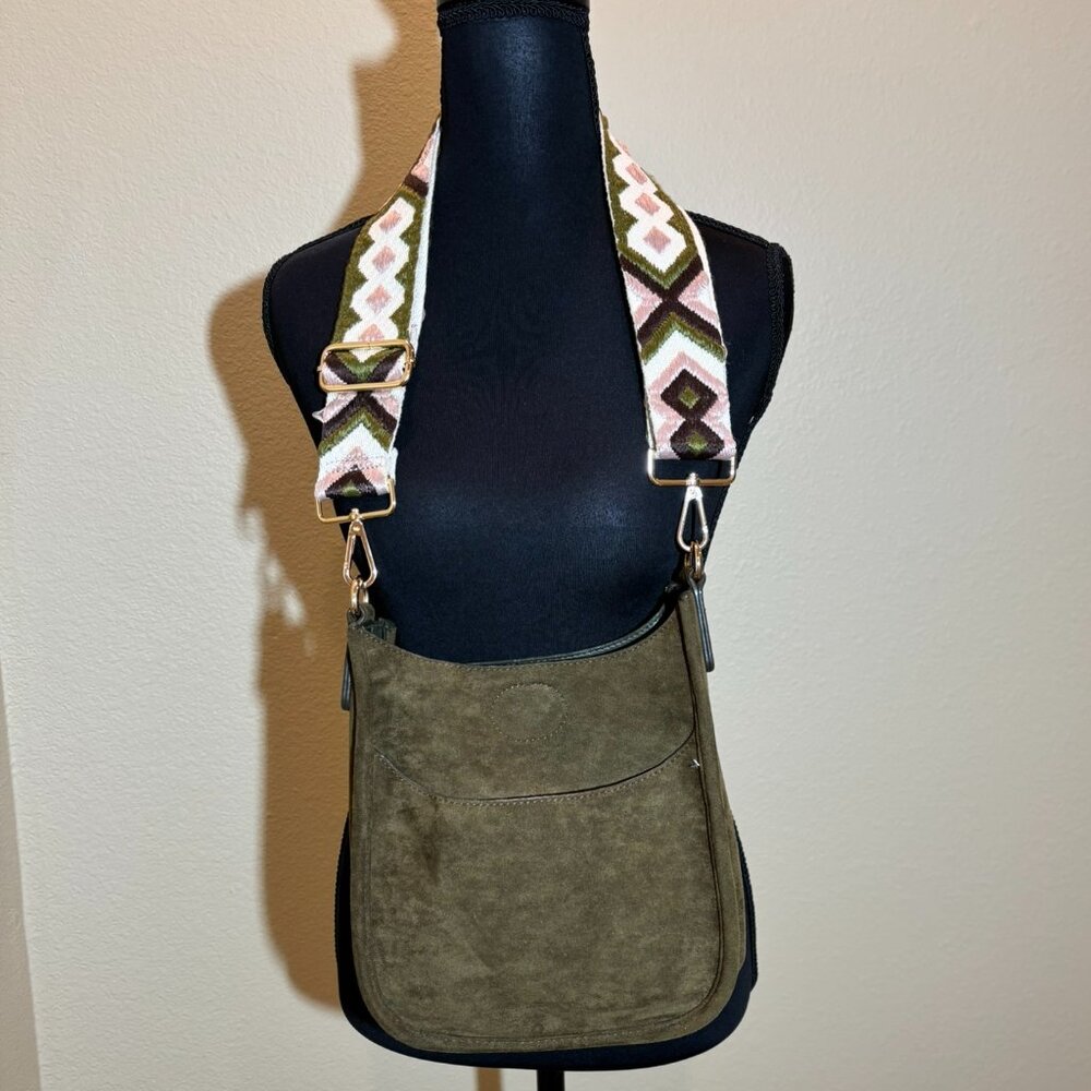 Olive Green Faux Suede Hobo Messenger Purse with Green Pink Black Tan Strap